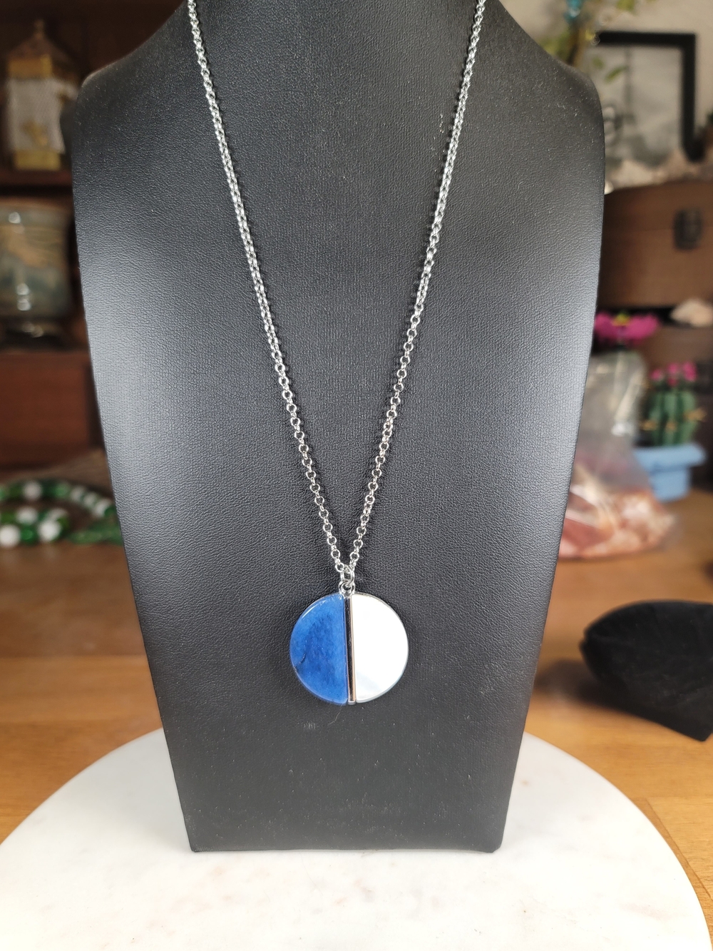 paparazzi Blue and White Split Circle Pendant Necklace
